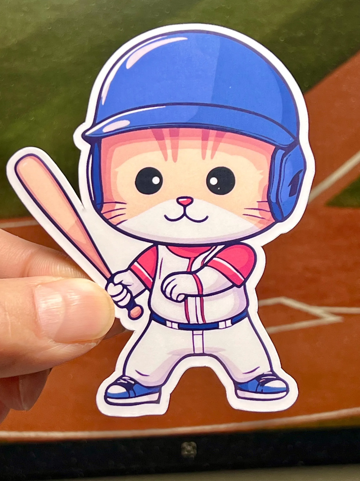 A sticker of a cartoon cat wearing a baseball uniform and a blue helmet, holding a baseball bat.