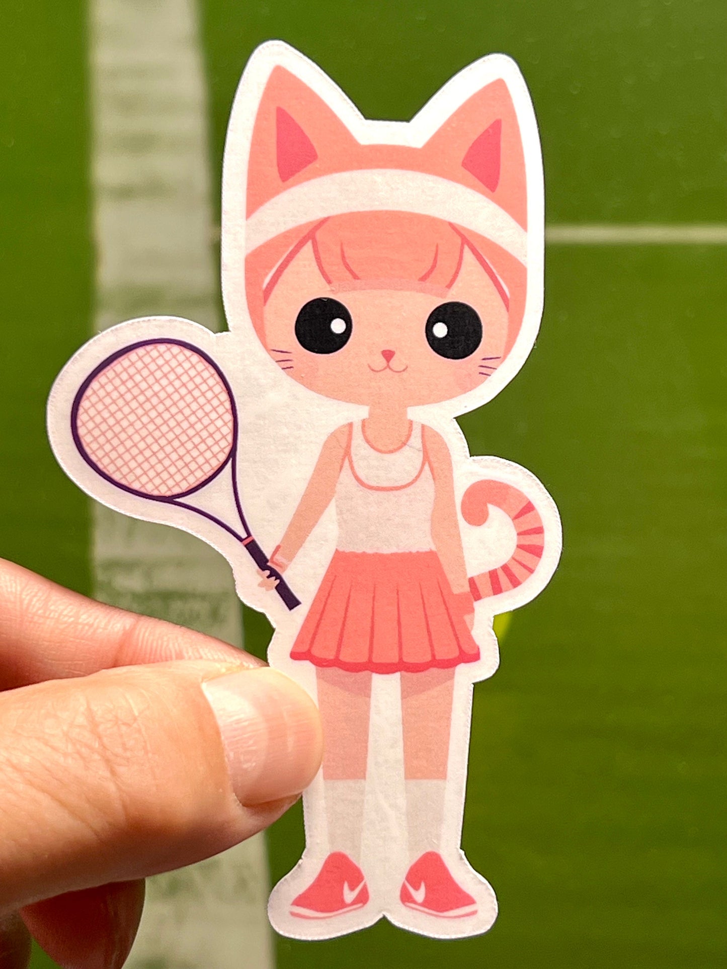 A vinyl sticker of a cartoon-style female cat wearing a tennis outfit and holding a tennis racket.
