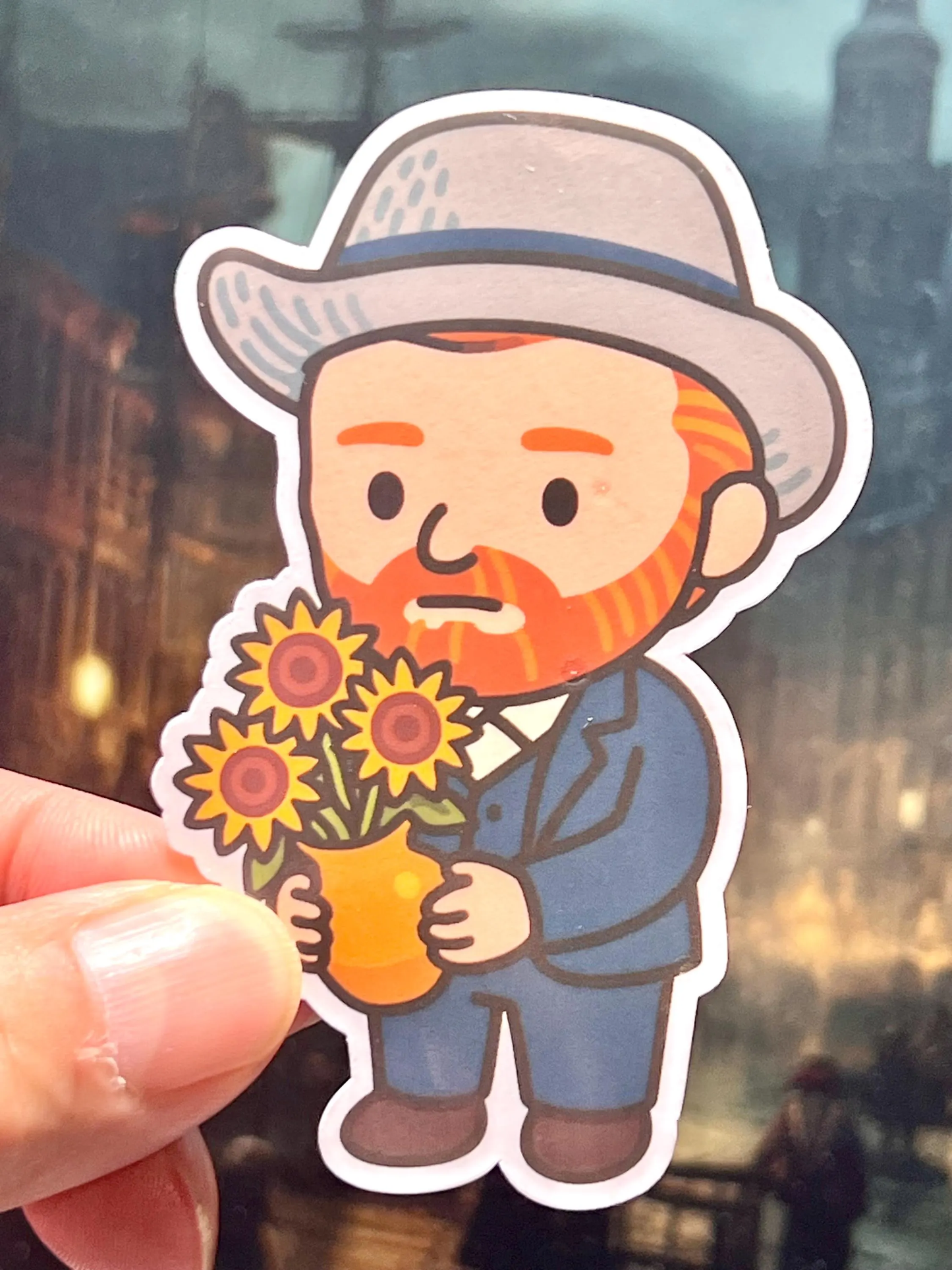 Sticker of Vincent van Gogh carrying a vase of sunflowers.