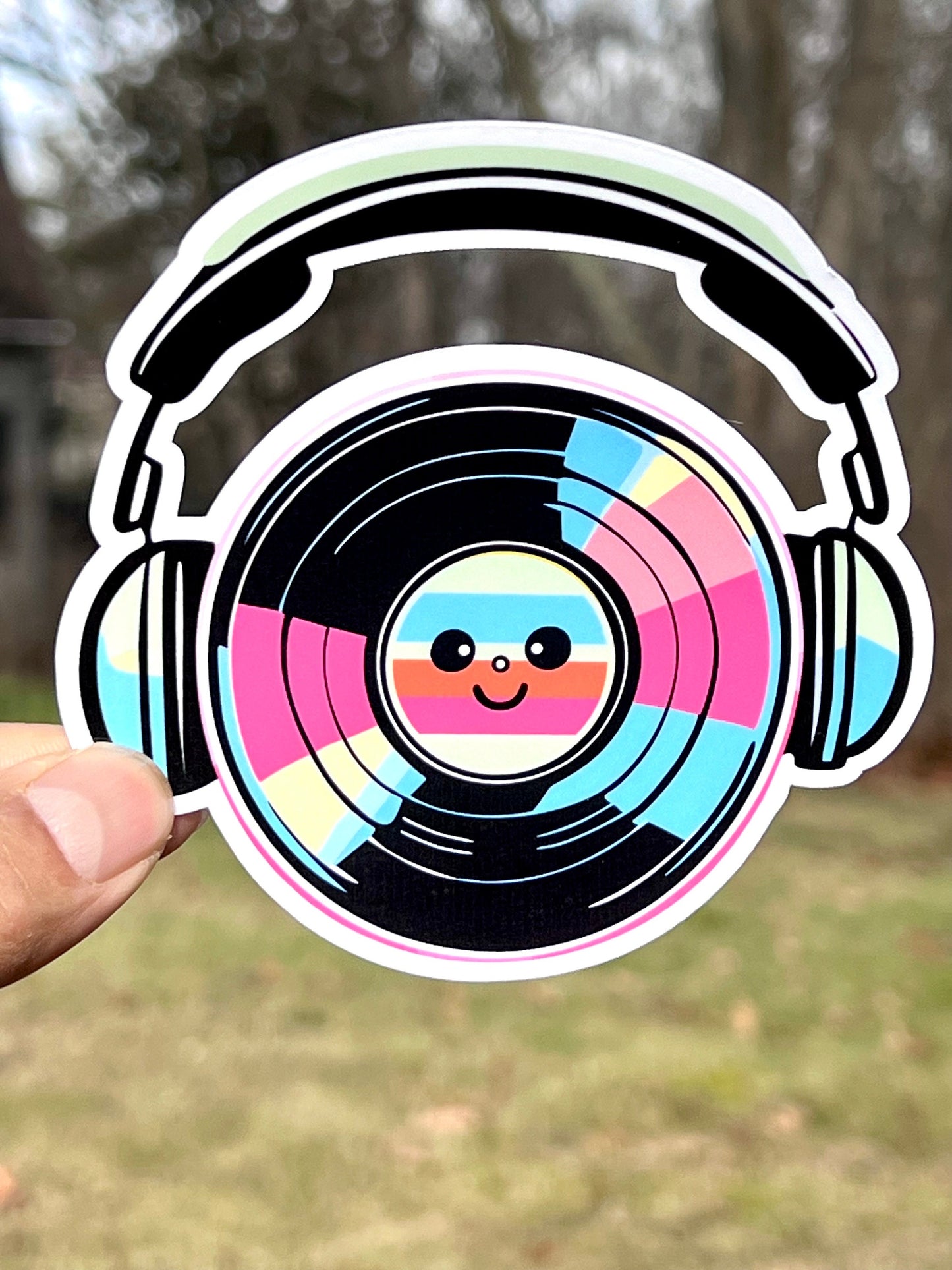 Retro Vinyl Record Sticker | Cute Vinyl Record wearing Headphones Sticker | LP's Vinyl Disc