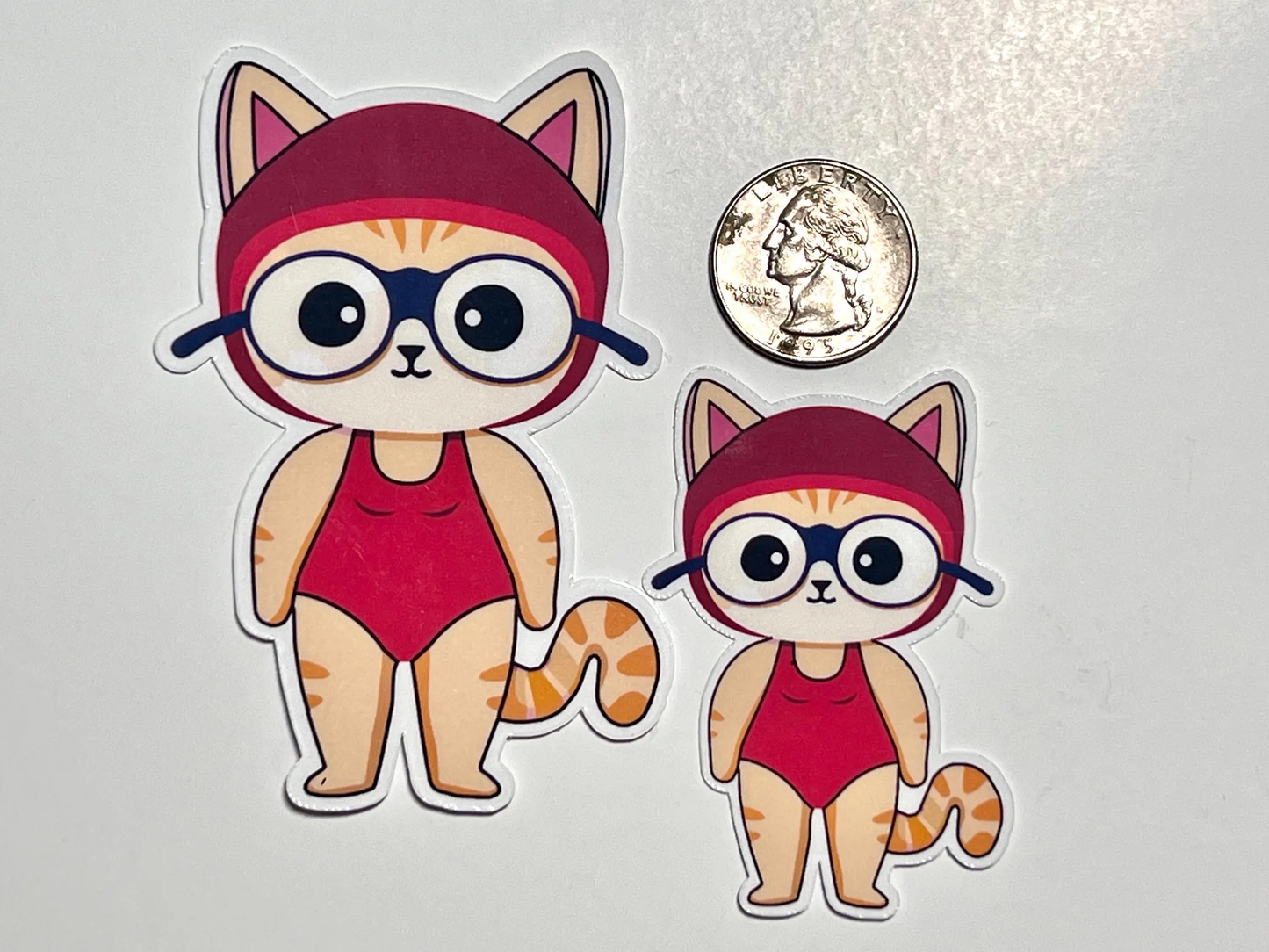 Swimming Girl Cat Sticker- RED | Swimmer Female Kitty | Water Bottle Sticker