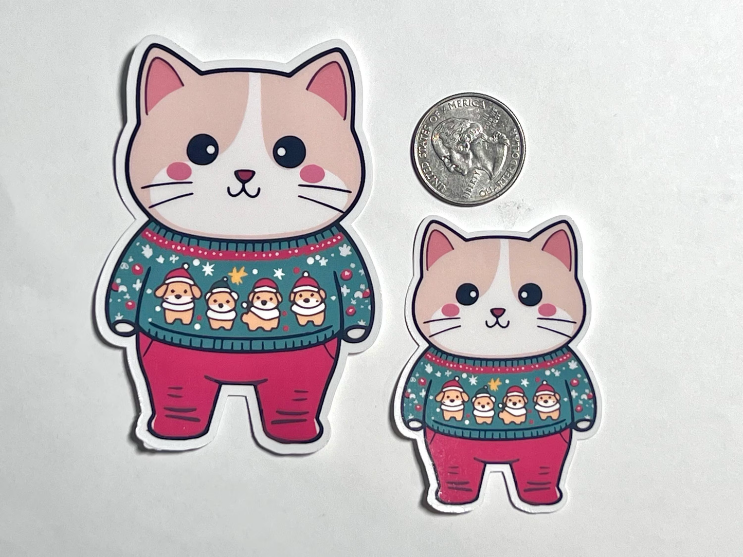 Christmas Sweater Cat Sticker | Ugly Sweater Sticker | Cat in Christmas Dog Sweater