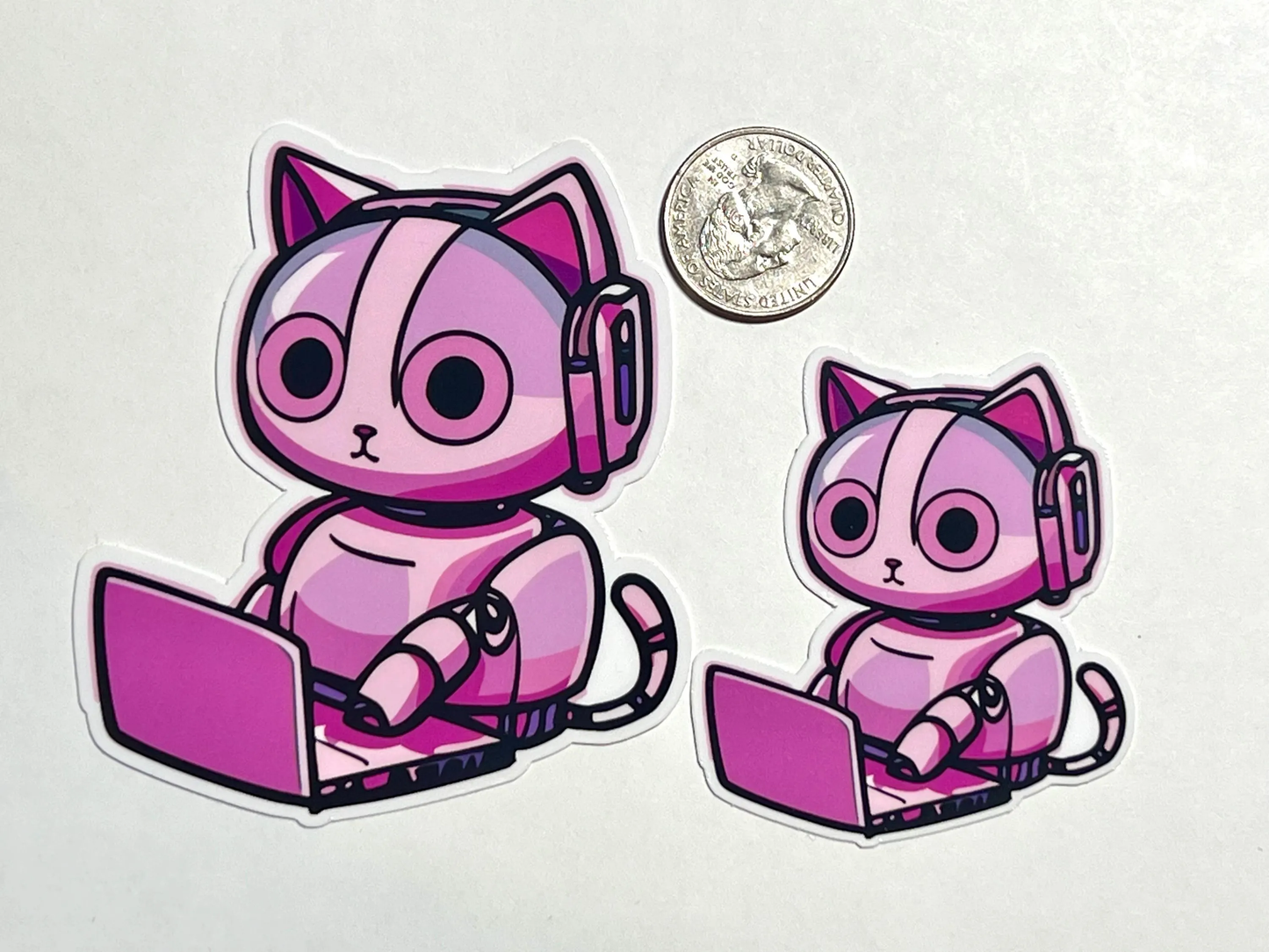 Pink Robot Cat on Laptop Sticker- Vinyl Sticker for Water Bottles and Notebooks
