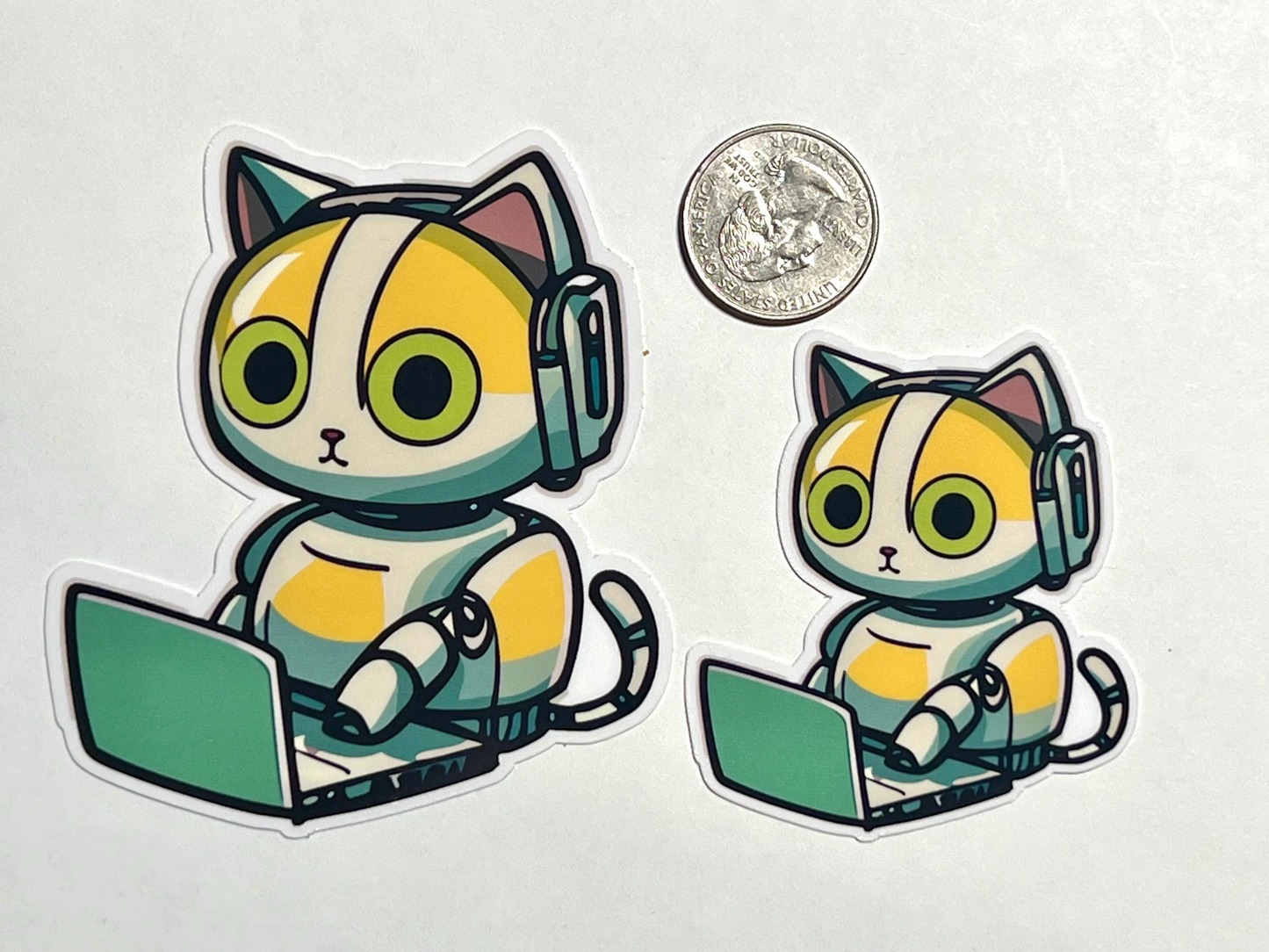 Yellow Robot Cat on Laptop Sticker- Vinyl Sticker for Water Bottles and Notebooks