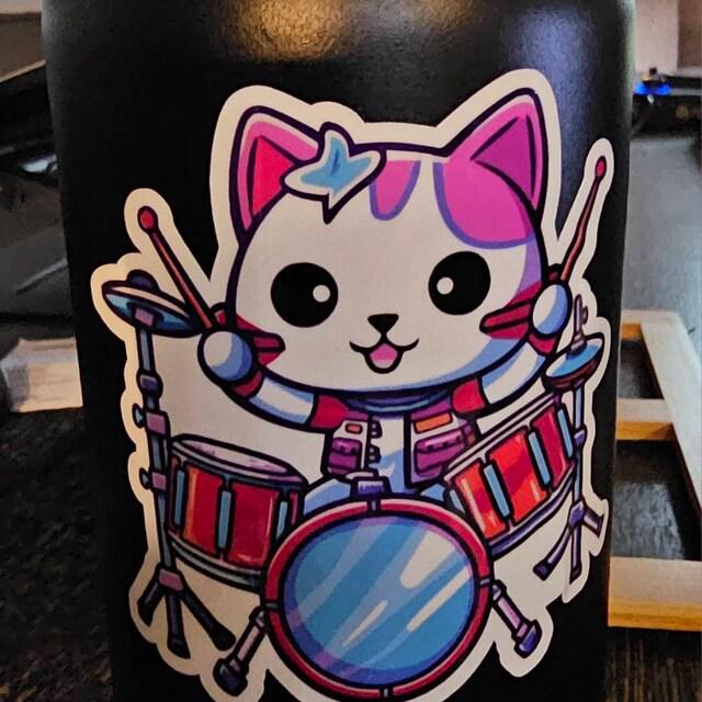Drummer Cat Sticker | Rock Drummer Kitty Vinyl Sticker