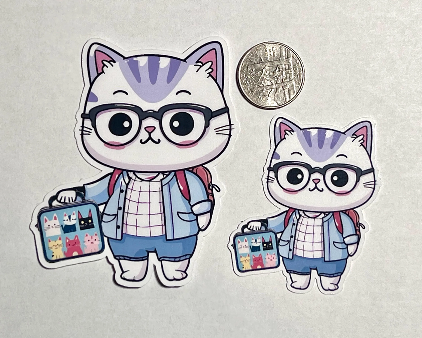 Cat with Lunch Box Sticker | School Kitty wearing Eyeglasses Vinyl Sticker