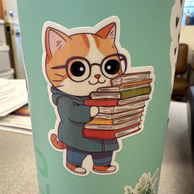 Library Cat Sticker | School Kitty Carrying a Stack of Books