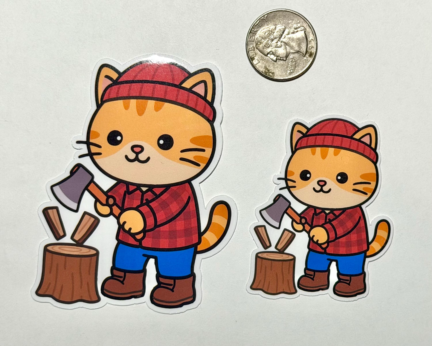 Lumberjack Cat Vinyl Sticker: Cute Kitty with Axe Chopping Wood Kawaii Design Sticker