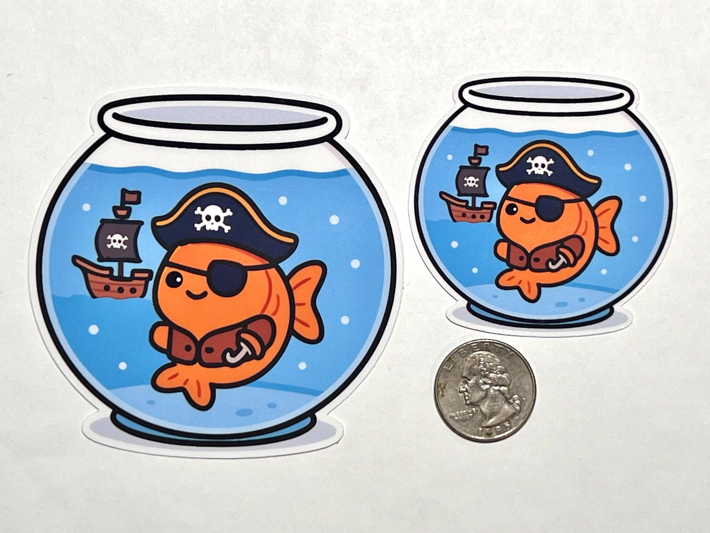 Pirate Goldfish Vinyl Sticker -Kawaii Design Fish Bowl- For Water Bottle, Laptop