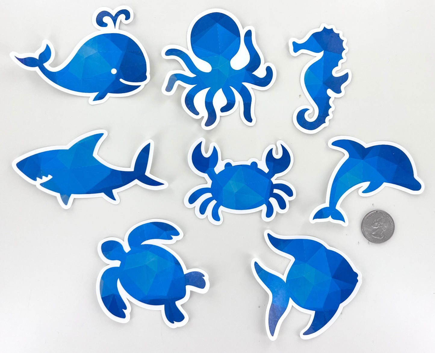 Sea Animals Vinyl Stickers Laminated Blue- Turtle, Fish, Crab, Octopus, Dolphin, Seahorse, Shark, and Whale. Decorate Water Bottles, Laptops
