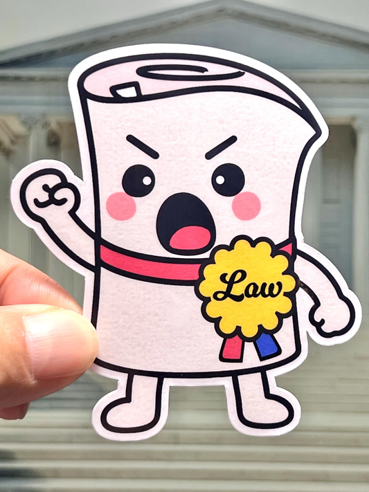 Cartoon character of scroll of paper representing a Law wearing a 'Law' badge. Character design inspired by schoolhouse rock