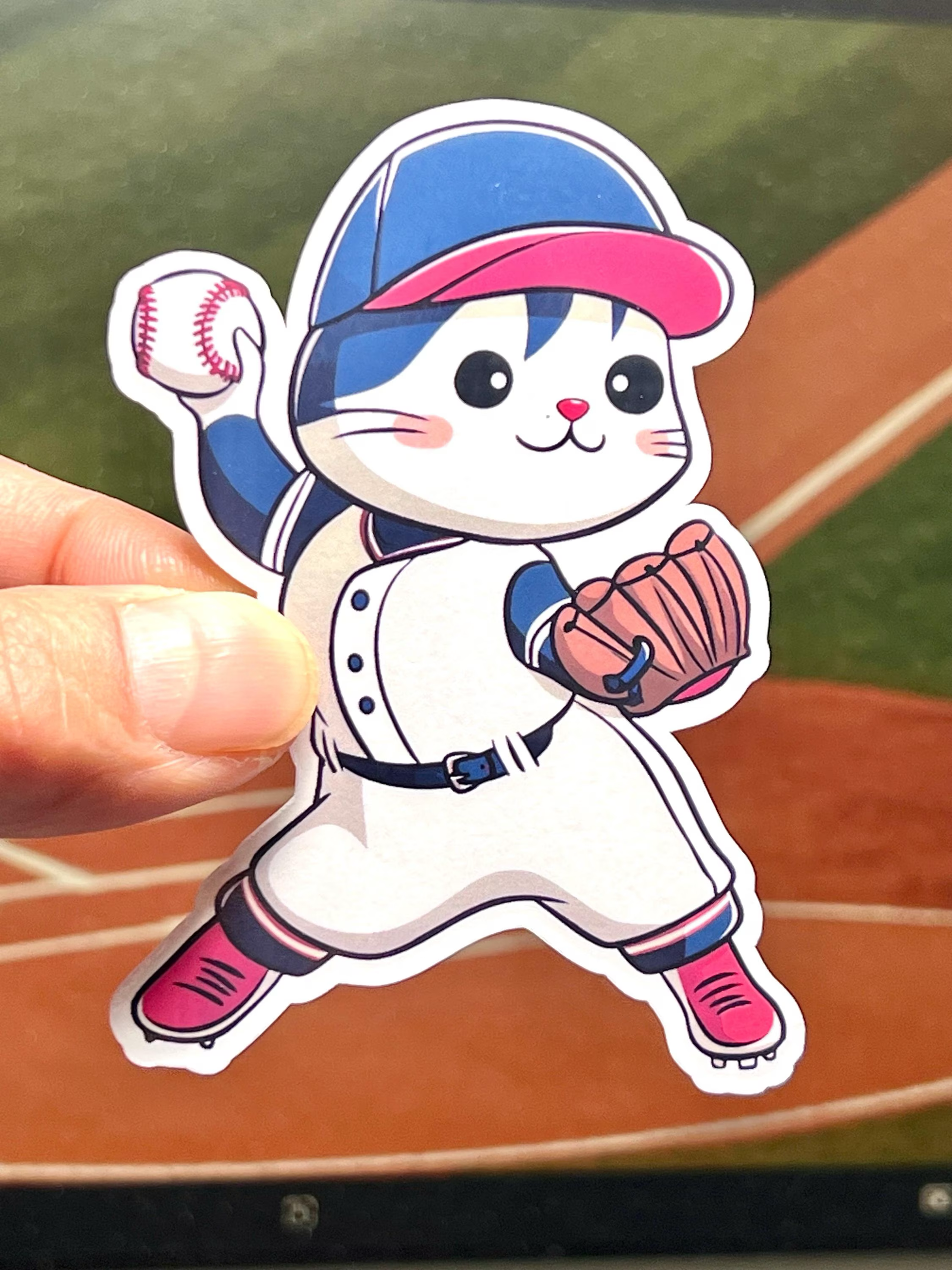 A waterproof vinyl sticker of a cartoon cat in a baseball pitcher's outfit throwing a baseball.