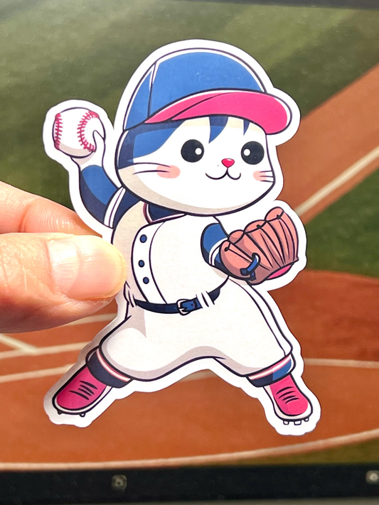 A waterproof vinyl sticker of a cartoon cat in a baseball pitcher's outfit throwing a baseball.