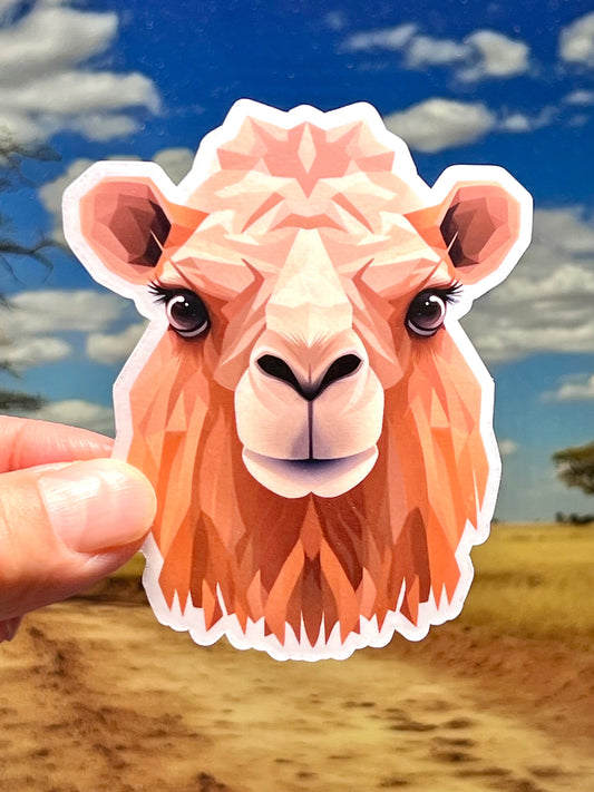 A sticker of a stylized camel head using a geometric design