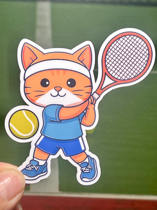 Cartoon cat playing tennis hitting a tennis ball. Kawaii Design