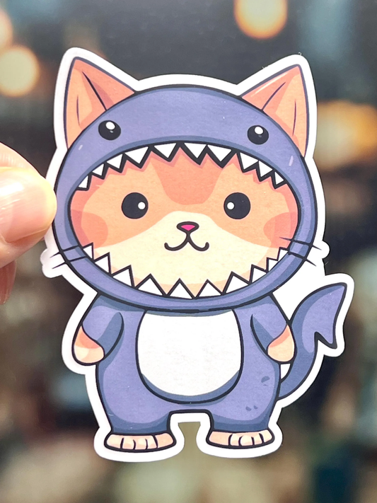 A sticker of a cute cartoon cat wearing a shark costume.