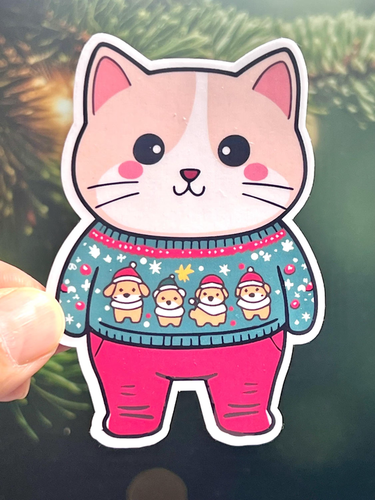 Sticker of a cartoon cat wearing a Christmas sweater with dogs wearing Santa hats
