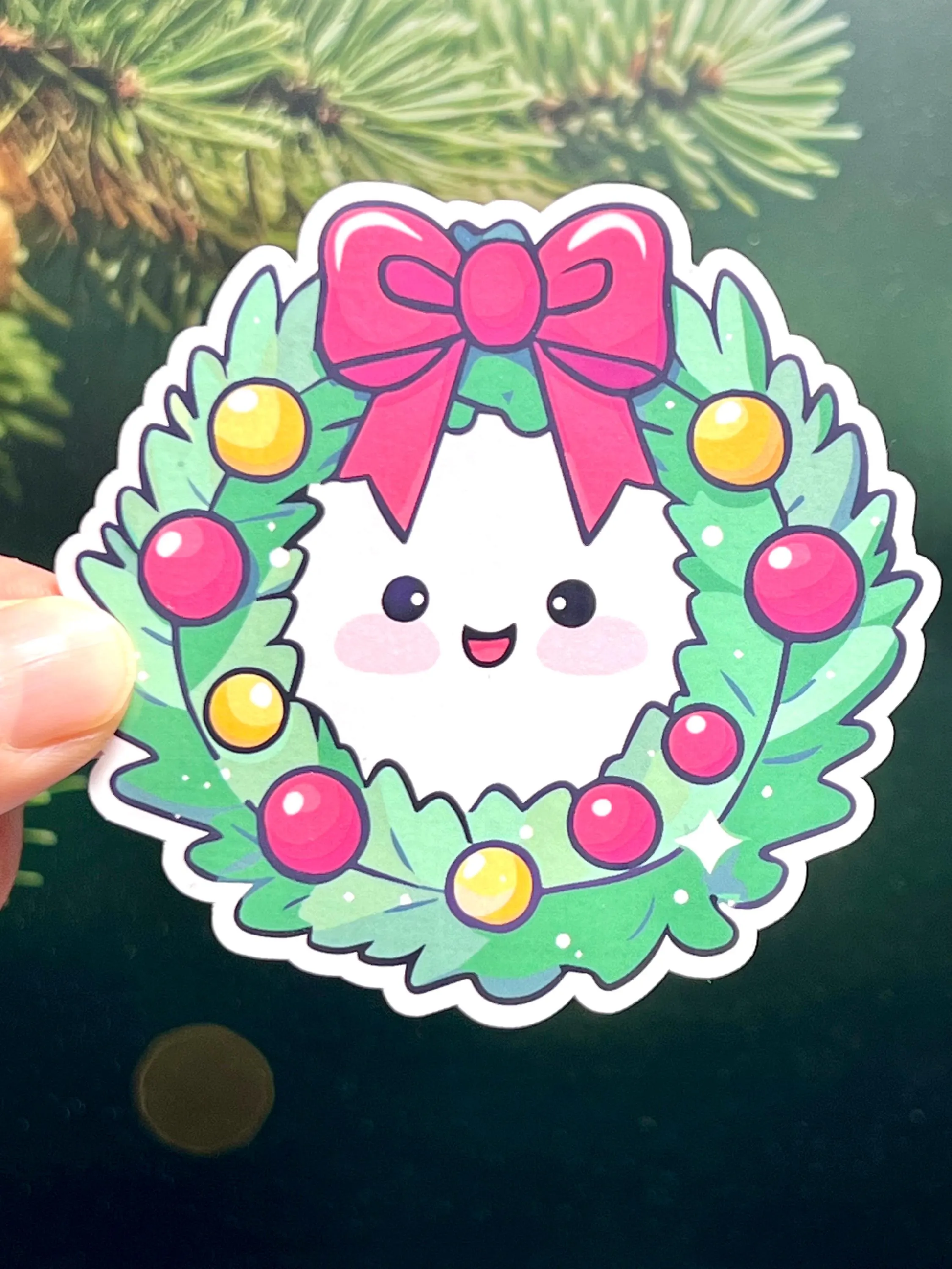 Sticker of a Christmas Wreath with a cute smiling face and ornaments