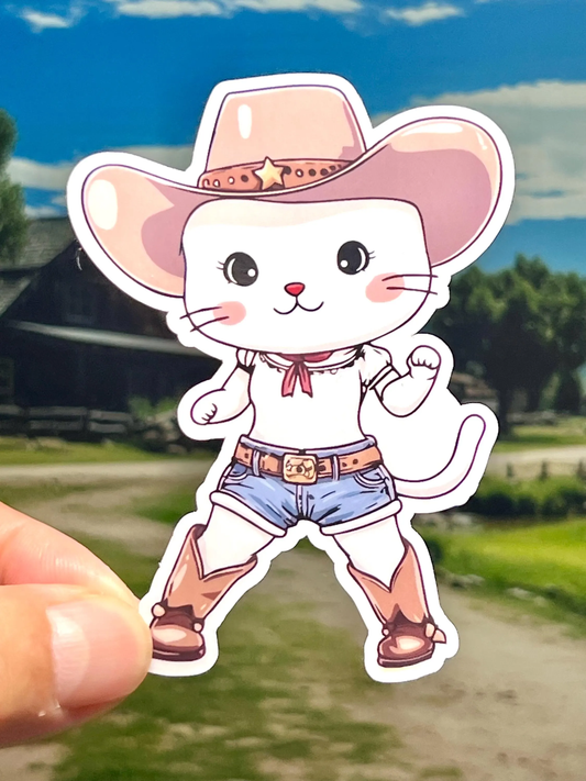 Cartoon cat in a cowgirl outfit held with cowboy boots and cowboy hat 