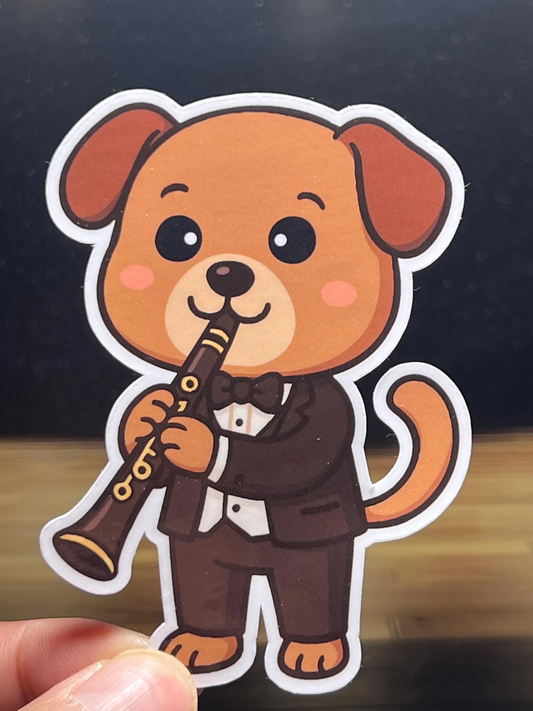 Cartoon dog in a tuxedo playing a clarinet vinyl sticker on a dark background