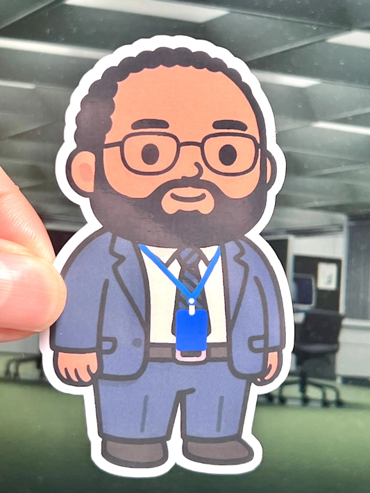 Cartoon Dylan G from the tv show Severance vinyl sticker