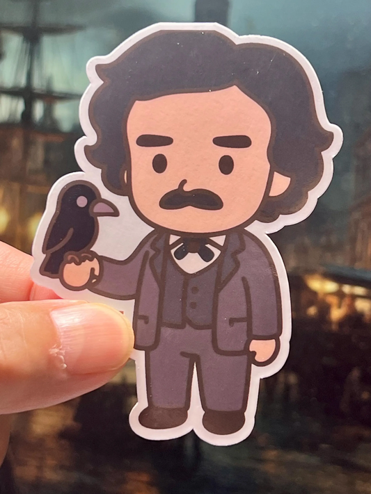 Sticker of the author and poet Edgar Allen Poe. Poe is wearing a suit and carrying a raven.