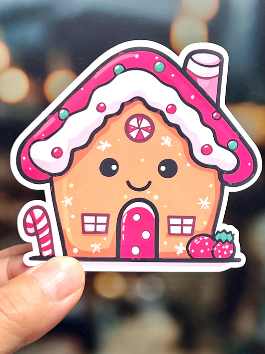 A colorful sticker of a smiling gingerbread house with candy decorations, including a candy cane