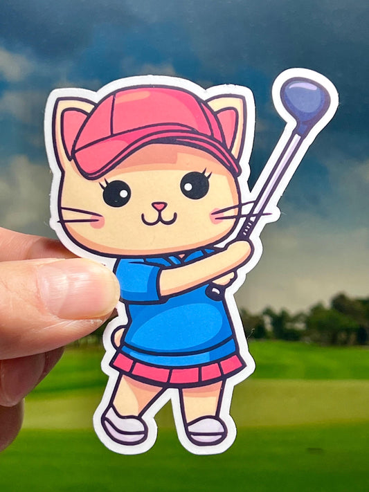 A vinyl sticker of a cute cat wearing a golf outfit and holding a golf club, posed as if playing golf.