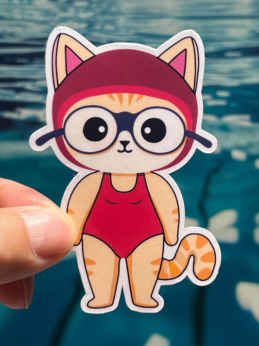 Kawaii design girl cartoon cat wearing a red swim suit and red swim cap with goggles vinyl sticker