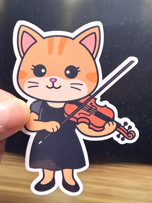 Sticker of a girl cat wearing black orchestra dress playing a violin/viola