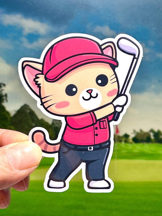 A vinyl sticker of a cartoon cat wearing a red golf cap and holding a golf club posing after the follow through.