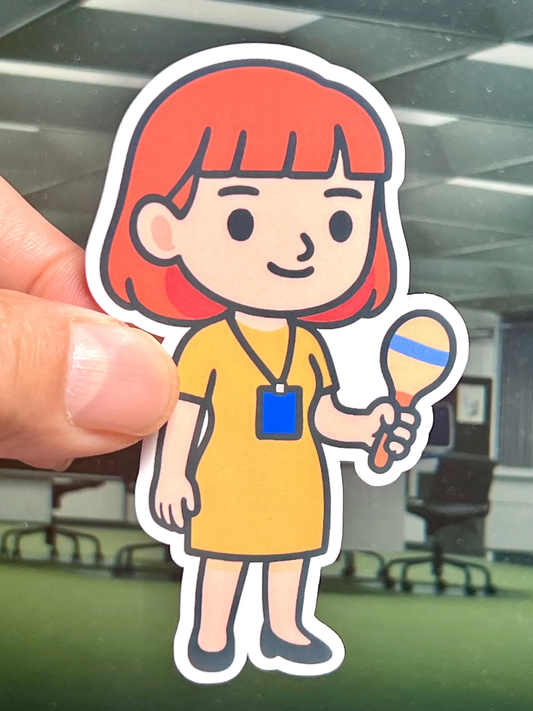 Cartoon sticker of Helly R wearing a yellow dress and carrying a maraca