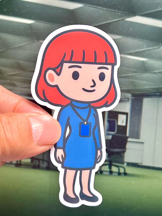 Cartoon Helly R from the tv show Severance wearing a blue dress.