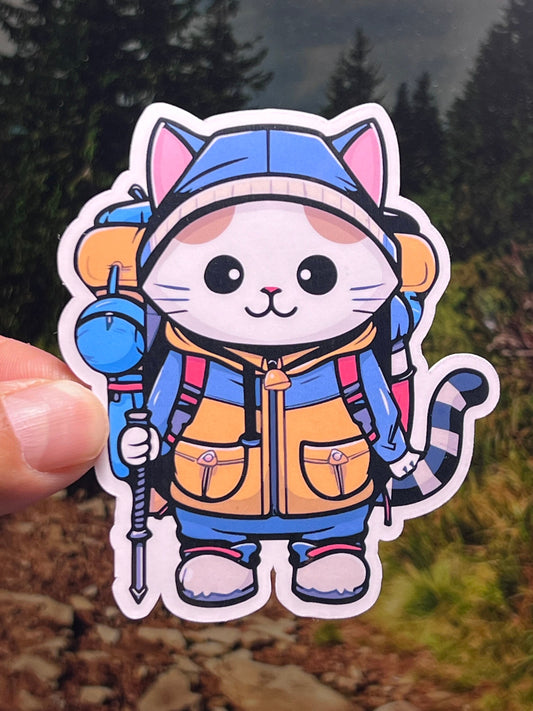 Sticker of a hiker cat wearing hiking gear- backpack, hiking jacket