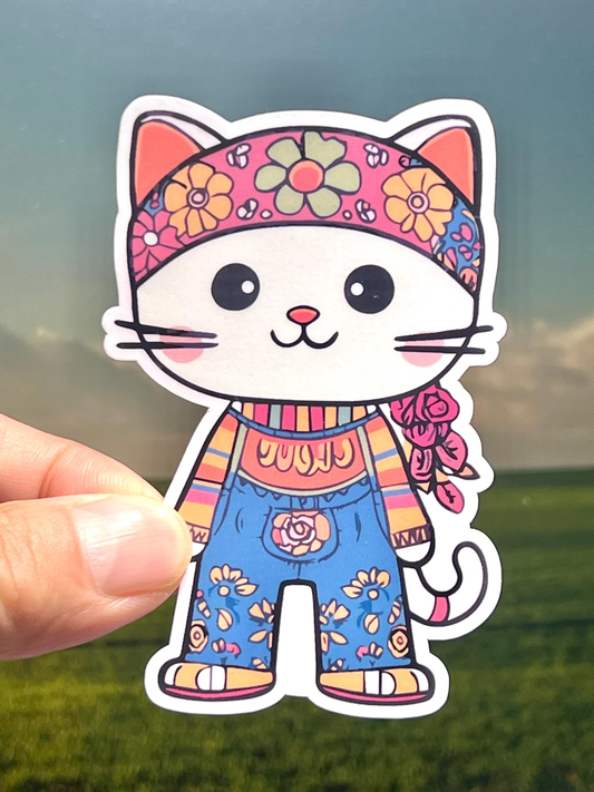 Sticker of a kawaii design cat dressed in a hippie style of the 1960's