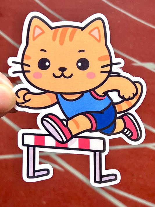 Sticker of a track hurdler cat jumping over a hurdle 