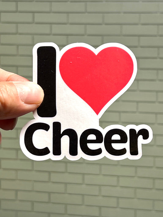 sticker that says I love Cheer with a red heart replacing LOVE.