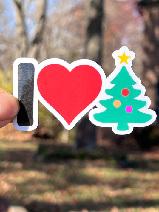 A sticker with the text 'I love Christmas' I Heart Christmas tree design