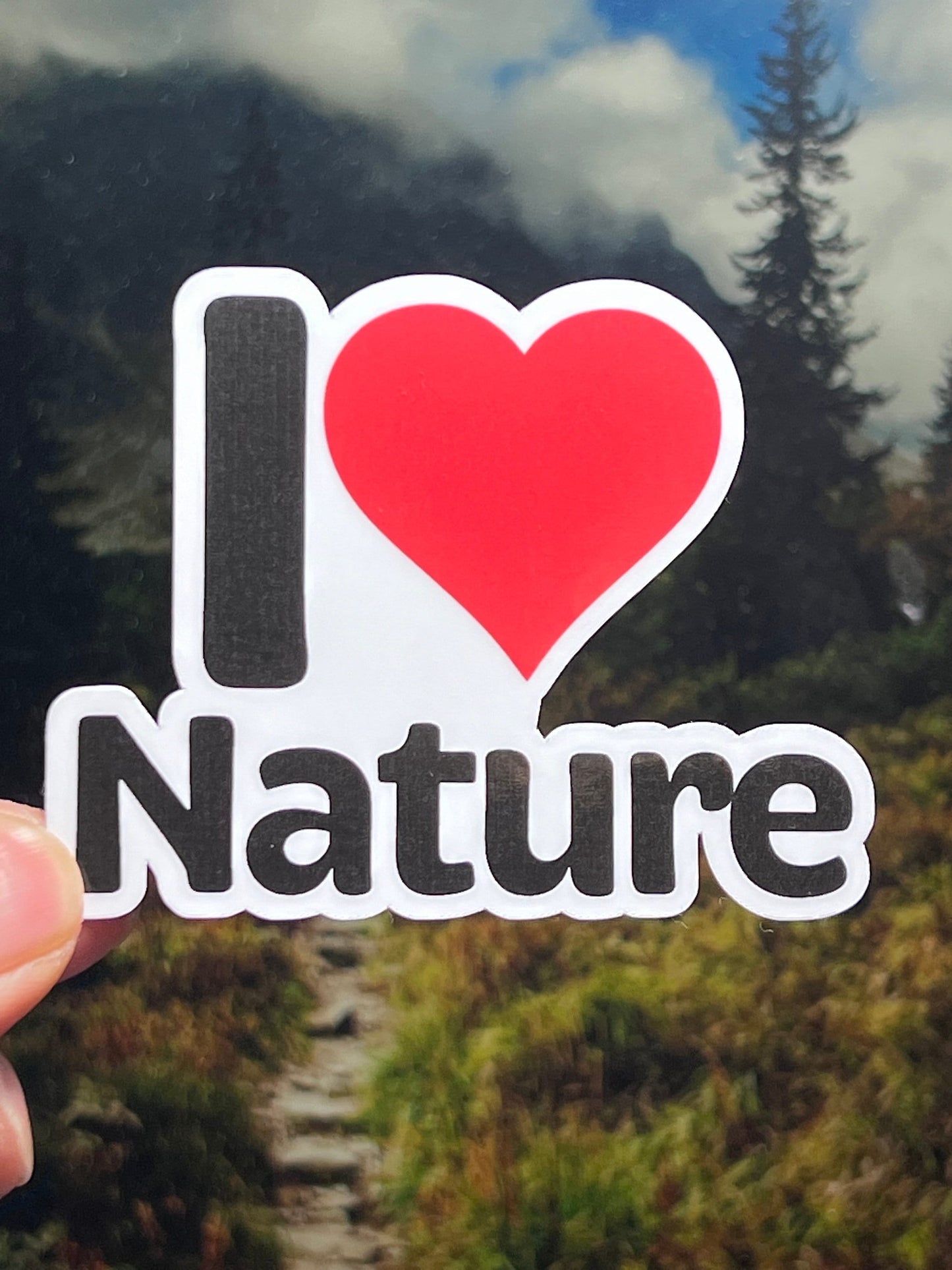 A sticker with the text 'I LOVE NATURE' and a heart symbol between the words. 