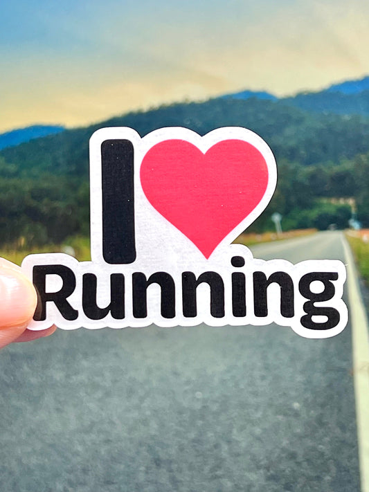 A vinyl sticker with the text 'I LOVE RUNNING' and a heart symbol