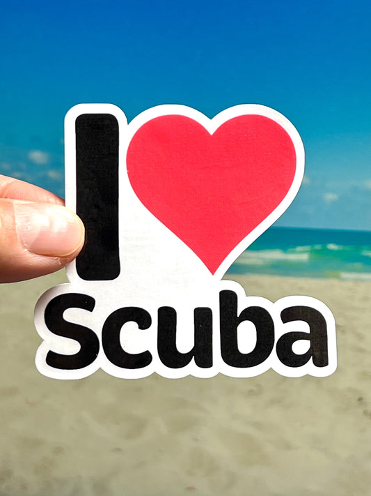 Sticker of I Heart Scuba with a large red heart