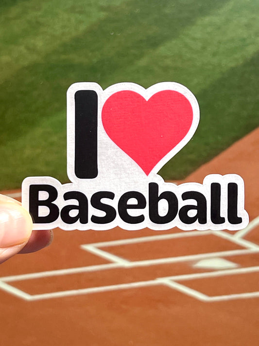 a vinyl sticker that says I "heart" baseball with a drawing of heart instead of the word heart.