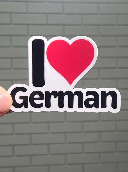 A vinyl sticker with the text 'I love German' and a heart symbol