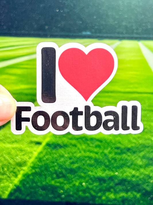 A vinyl sticker with the text 'I LOVE FOOTBALL' and a heart symbol replacing the word 'love'.