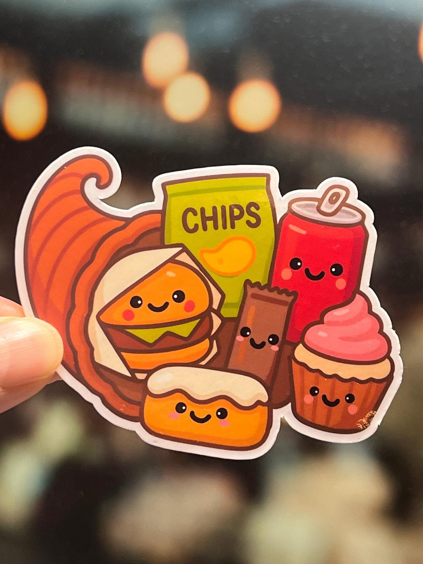 Sticker of a Thanksgiving Cornucopia draws in a kawaii cute style filled with junk food items including a hamburger, twinkie, chocolate bar, cupcake, chips, and soda pop. 