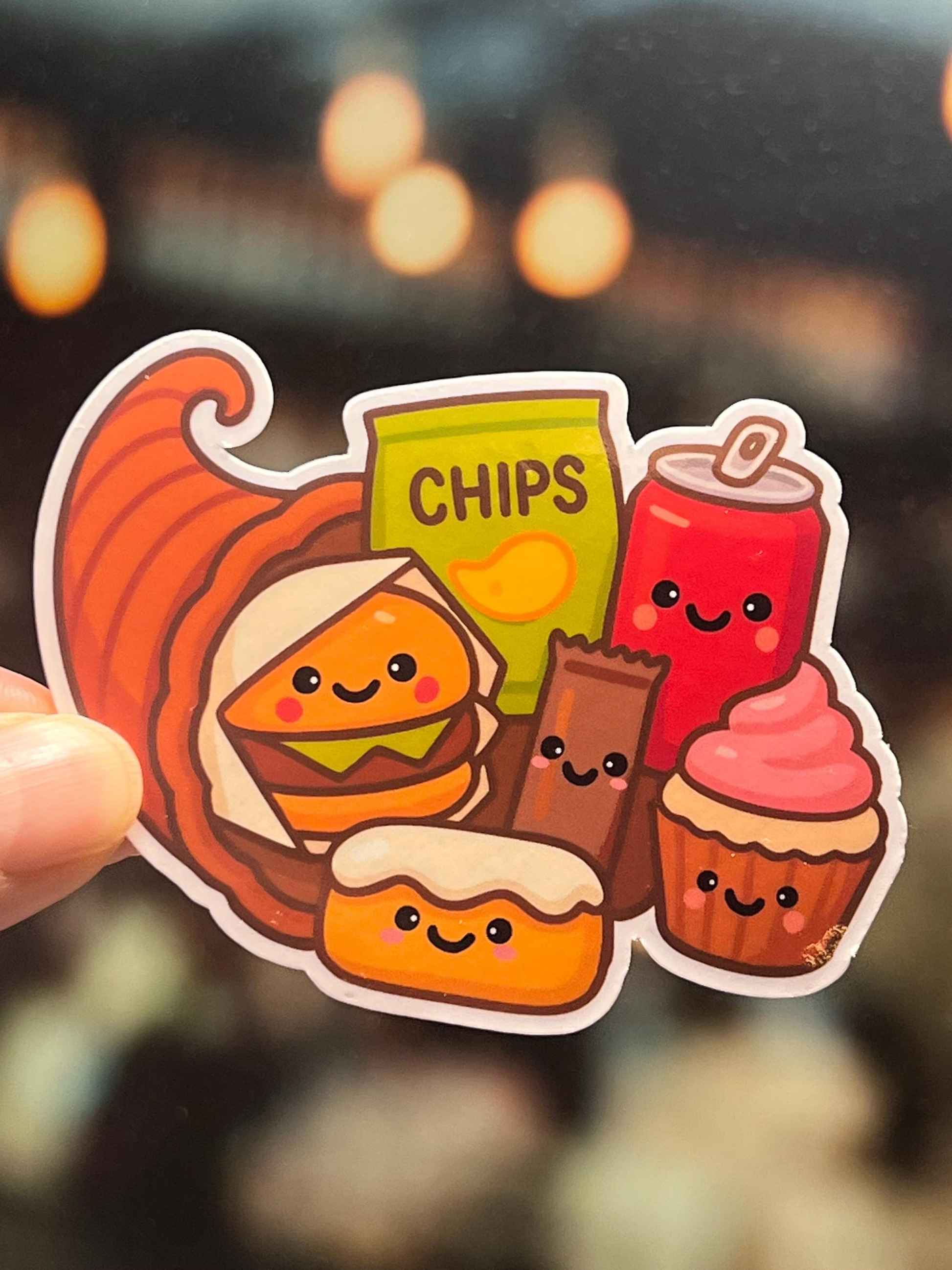 Sticker of a Thanksgiving Cornucopia draws in a kawaii cute style filled with junk food items including a hamburger, twinkie, chocolate bar, cupcake, chips, and soda pop. 