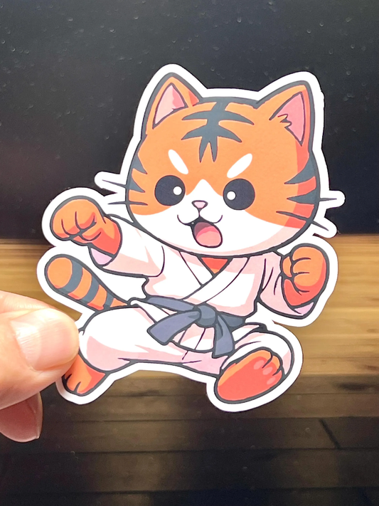 A cute martial arts tiger performing a jump kick.
