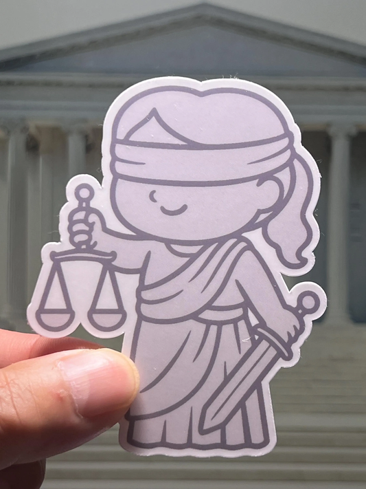 Kawaii Design cartoon sticker of a Lady Justice, a blindfolded figure holding scales and a sword