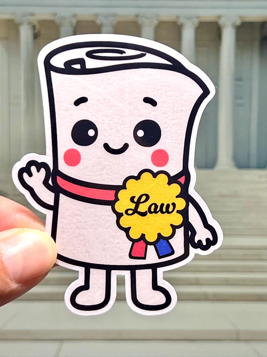 Sticker of aCartoon character of a scroll that represents a congressional bill that has just become a law.
