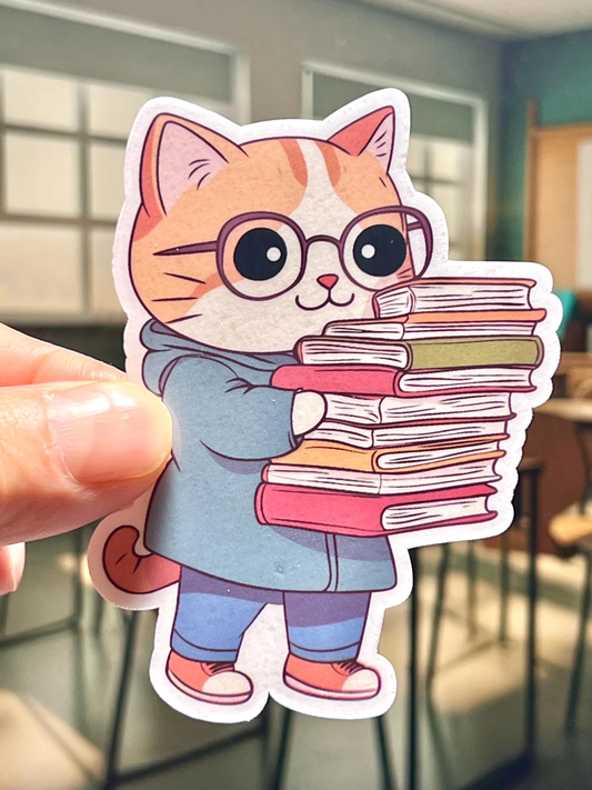 Sticker of a cat character with glasses holding books